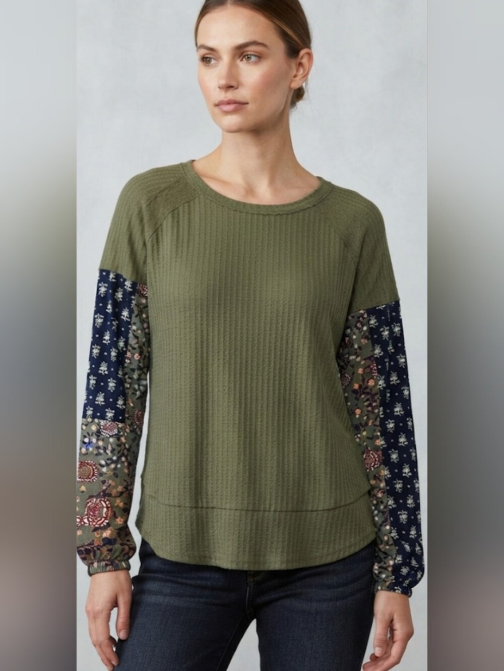 Knox Rose Olive Waffle-Knit Top with Navy Floral Sleeve Panels